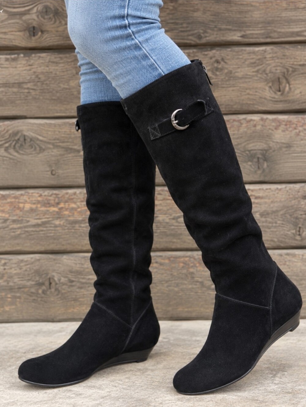 RSVP Y2K Boho Minimalist Black Suede Slouch Knee High Low Wedge Boots 6.5M